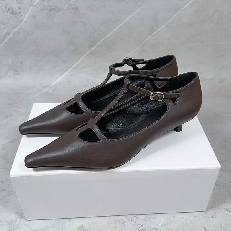 

Женская обувь Мэри Джейн, модные ретро-рядные туфли из натуральной кожи с острым ремешком и пряжкой, полые тонкие туфли на среднем каблуке