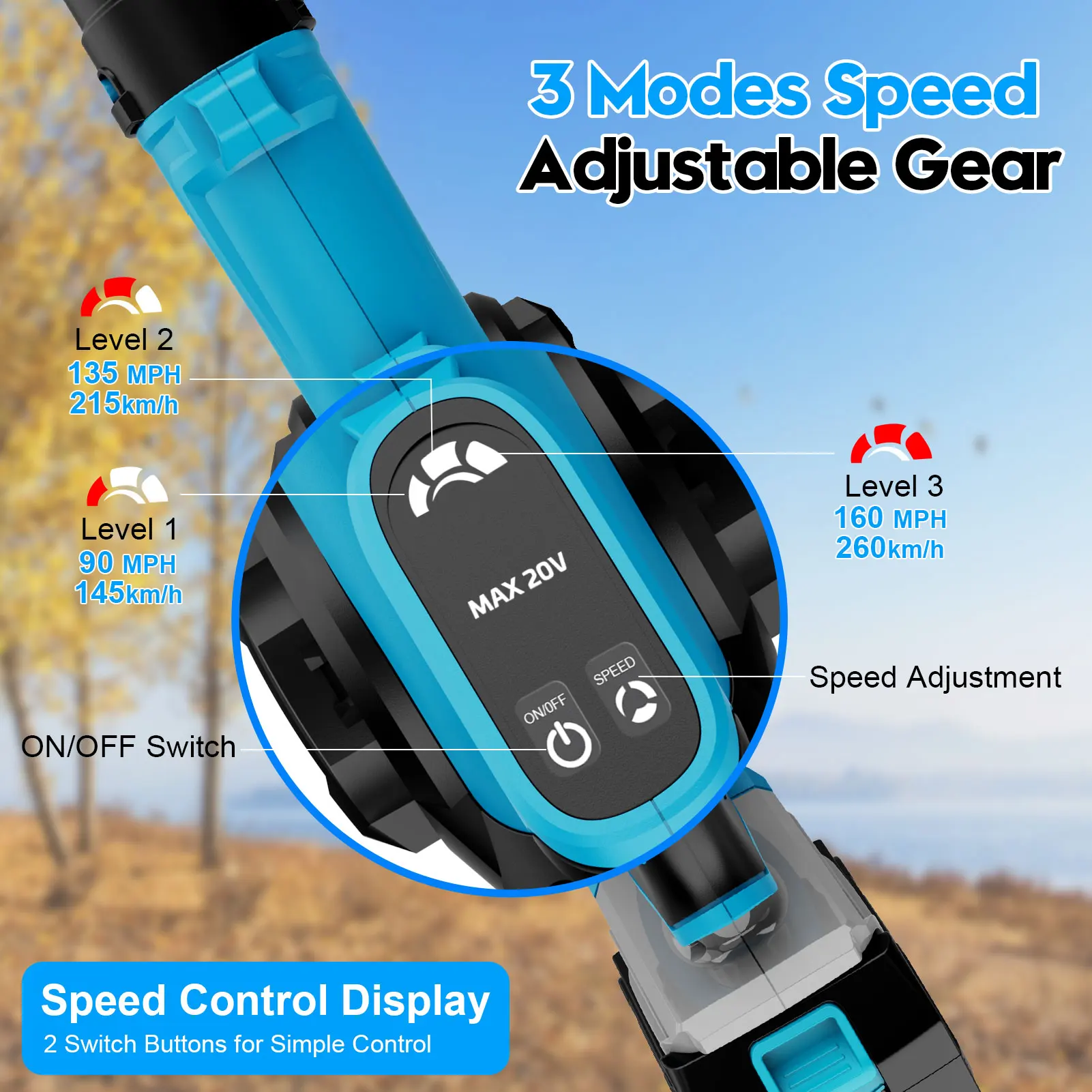 21V Cordless Leaf Blower With 2pc 3000mAh Batteries Lightweight 3 Modes Speed Adjustable Gear Led Display With 4 Different Nozez