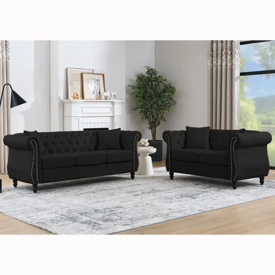 

[Video] 80 Chesterfield Sofa Black Velvet for Living Room 3 Seater Sofa Tufted Couch with Rolled Arms and Nail for Living Room
