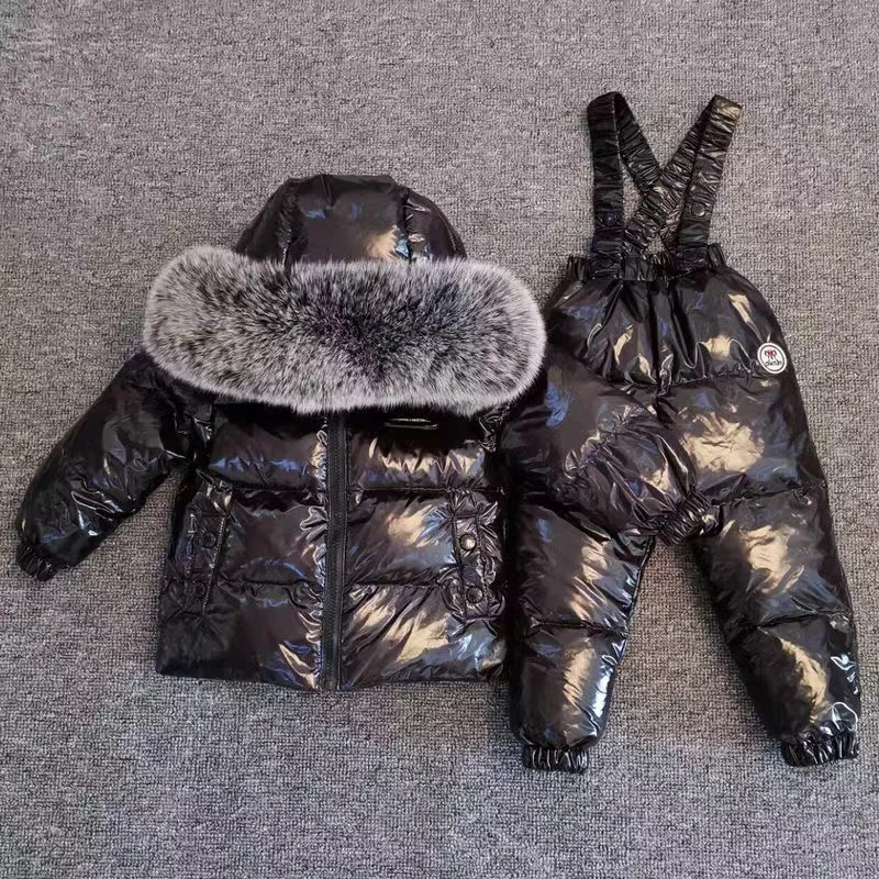 New Winter 2024 Kids Boutique Clothing 2 Pieces Sets Down Jacket Suspender Trousers Big Fur Collar Warm Soft Unisex Ski Suit