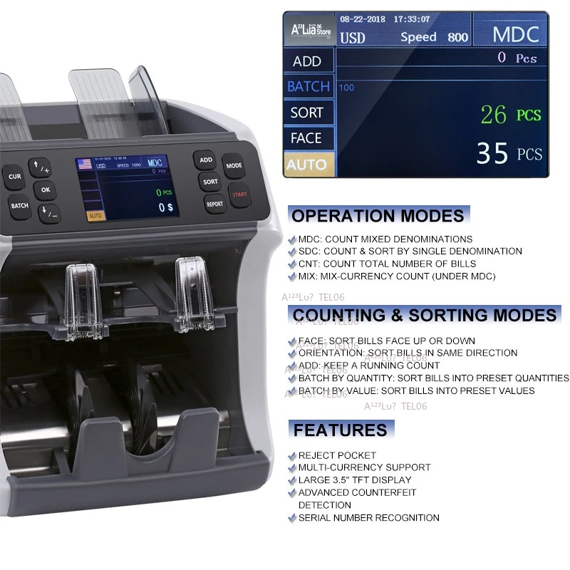 Currency Counting Machine USD EUR AUD JPY HKD TWD Plastic Banknote Sorter
