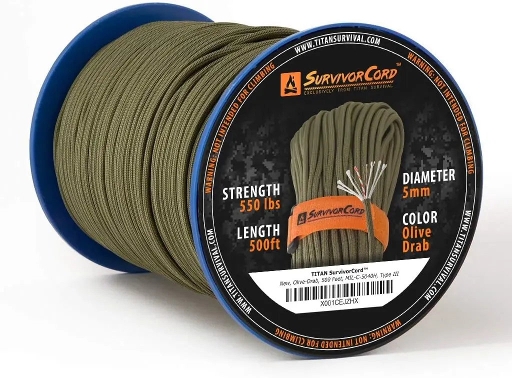 

Survival Paracord 550 - 25ft, 100ft, 500ft & Colors - 620LB Strength Military Spec with Firestarter for Camping Outdoors