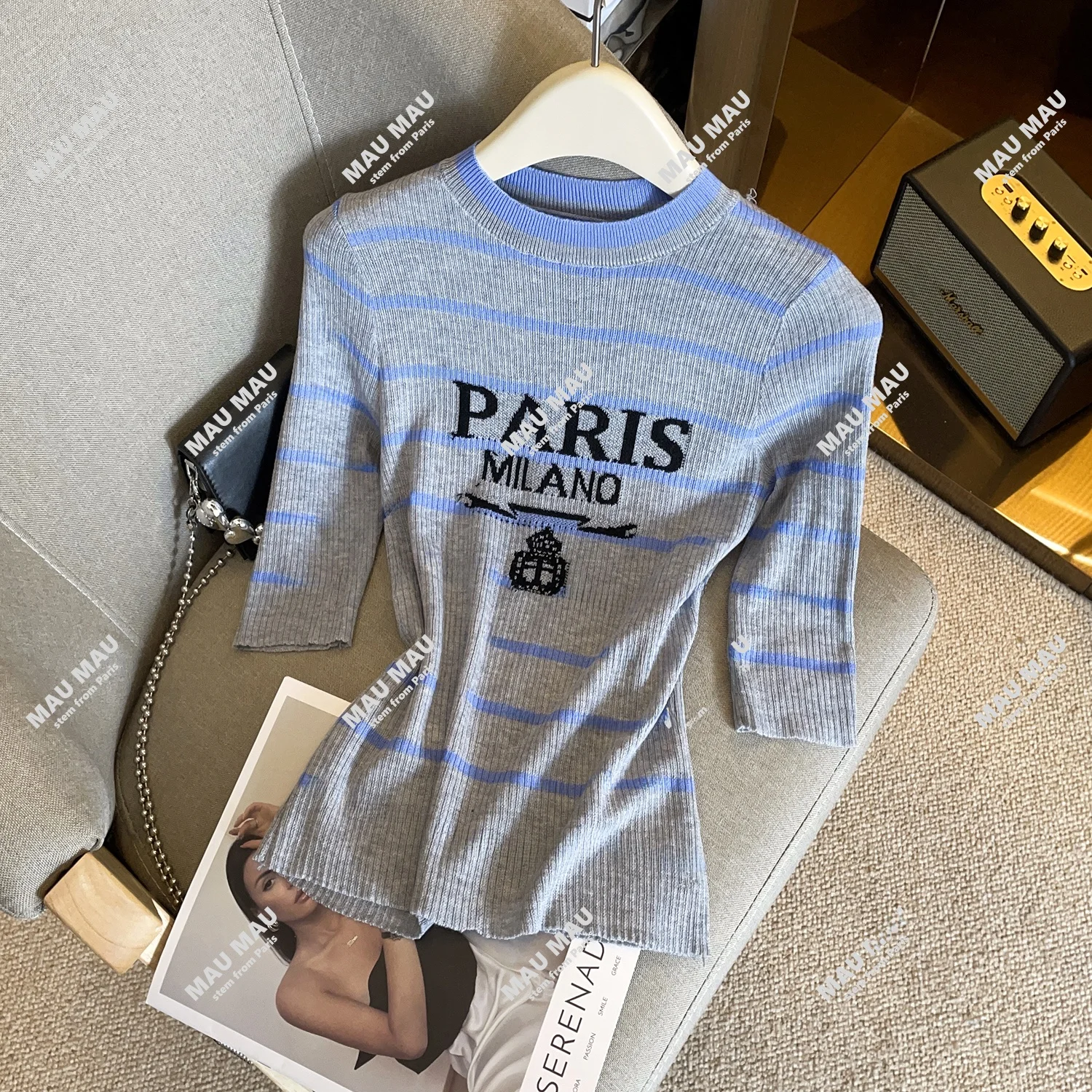 

Casual Versatile Light Knitted Top Striped Five-Quarter Sve Women's Faion Autumn 2025 South Oil High-End Women's Wear