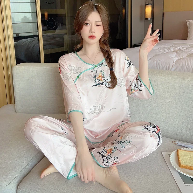 Sleepwear Women's Clothes Summer Middle Sleeve Ice Silk New Thin Cool Casual Home Loose Cozy High Quality Simple Soft Vintage