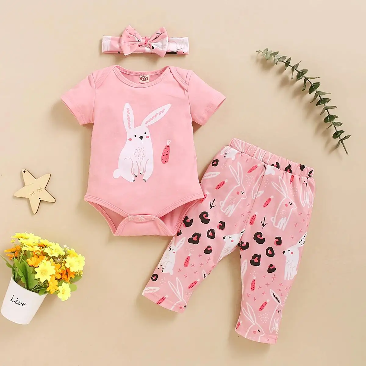 Newborn Baby Girls Romper Set Lovely Rabbit Print Romper+Pants with Bow Knot 3PCS Baby Girl Outfit Suit Summer Casual Outfit