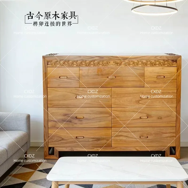 New Chinese Style Solid Wood Elm Storage Cabinet Large Capacity 9 Drawer Chest for Porch Entryway Multi Pump Organizer
