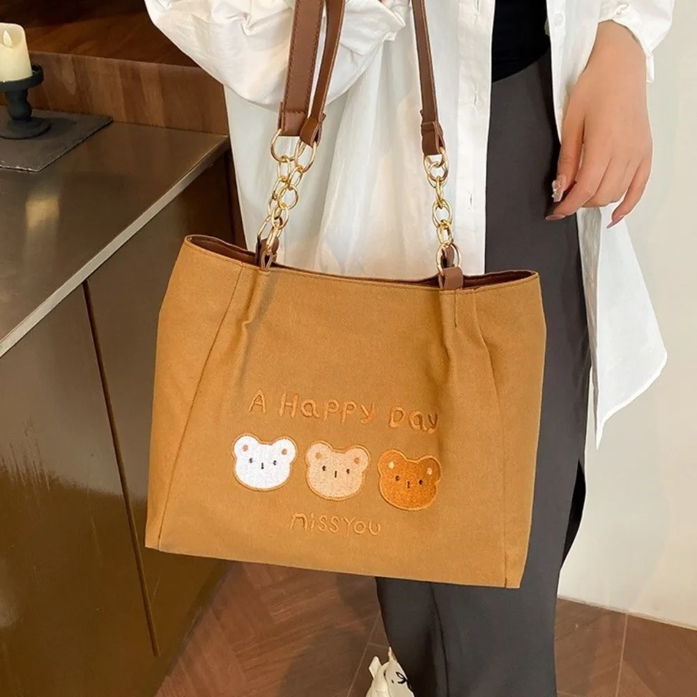 간단한 인쇄 곰 어깨 가방 대용량 솔리드 컬러 만화 토트 백 경량 한국 스타일 캔버스 핸드백 레이디