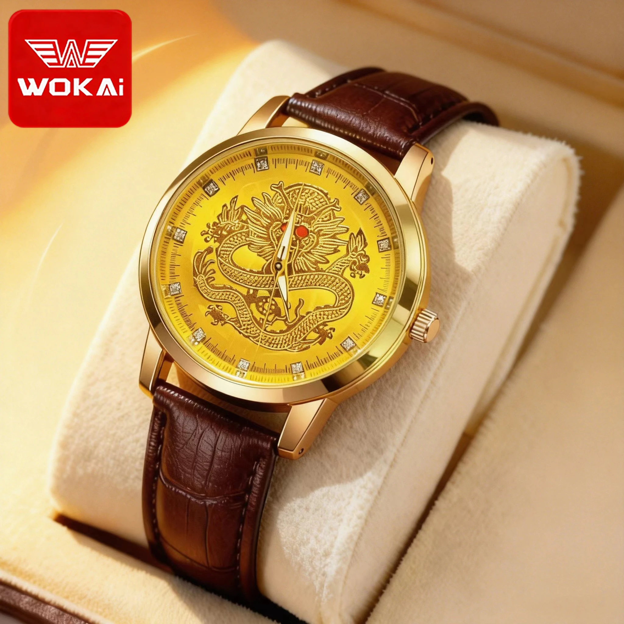 

WOKAI high quality men's leisure belt quartz watch luminous waterproof commercial waterproof clock Golden Dragon Chinese style