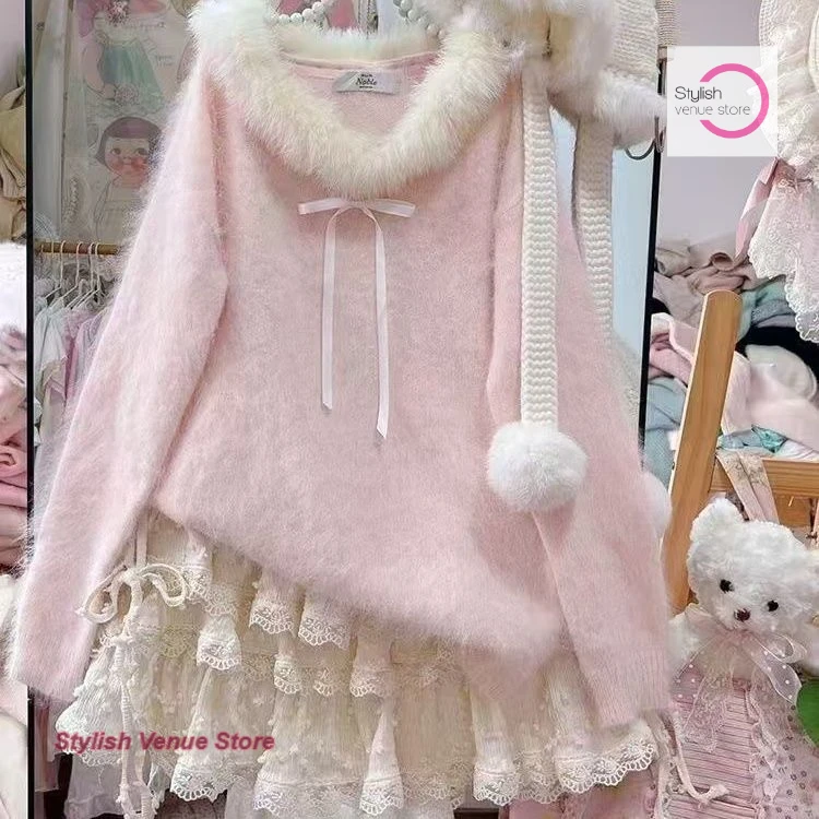 

Korean style beautiful pink soft and gentle wind girl's coat autumn and winter new fur collar loose age-reducing casual sweater