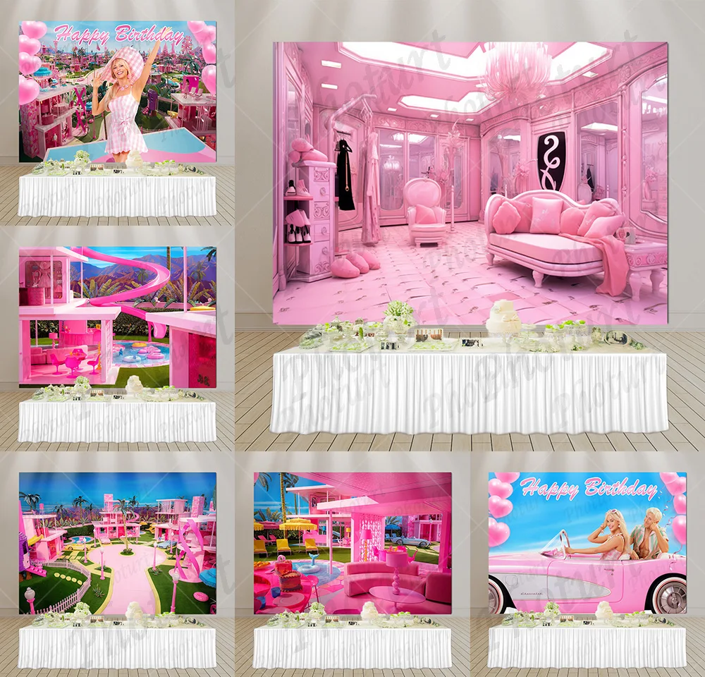 

2023 New Movie Pink Princess Barbies Backdrop Kids Birthday Photography Background Vinyl Polyester Decor Banner Props