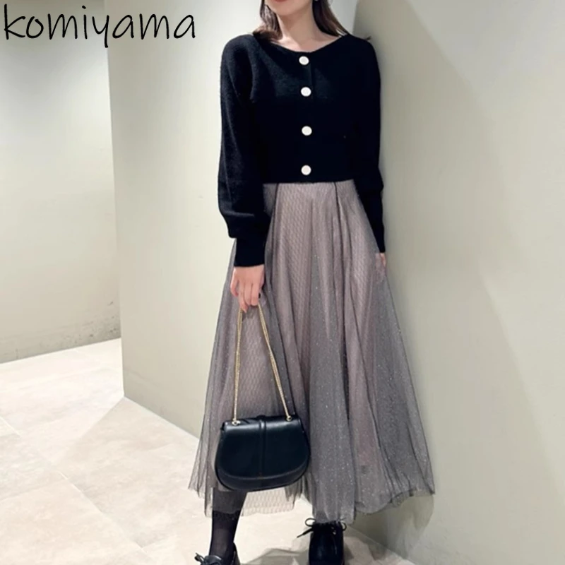 2025 Spring Autumn New 2 Piece Sets V-neck Long Sleeve Knitted Sweater+high Waist A-line Voile Skirt Japan Style Sweet Suit