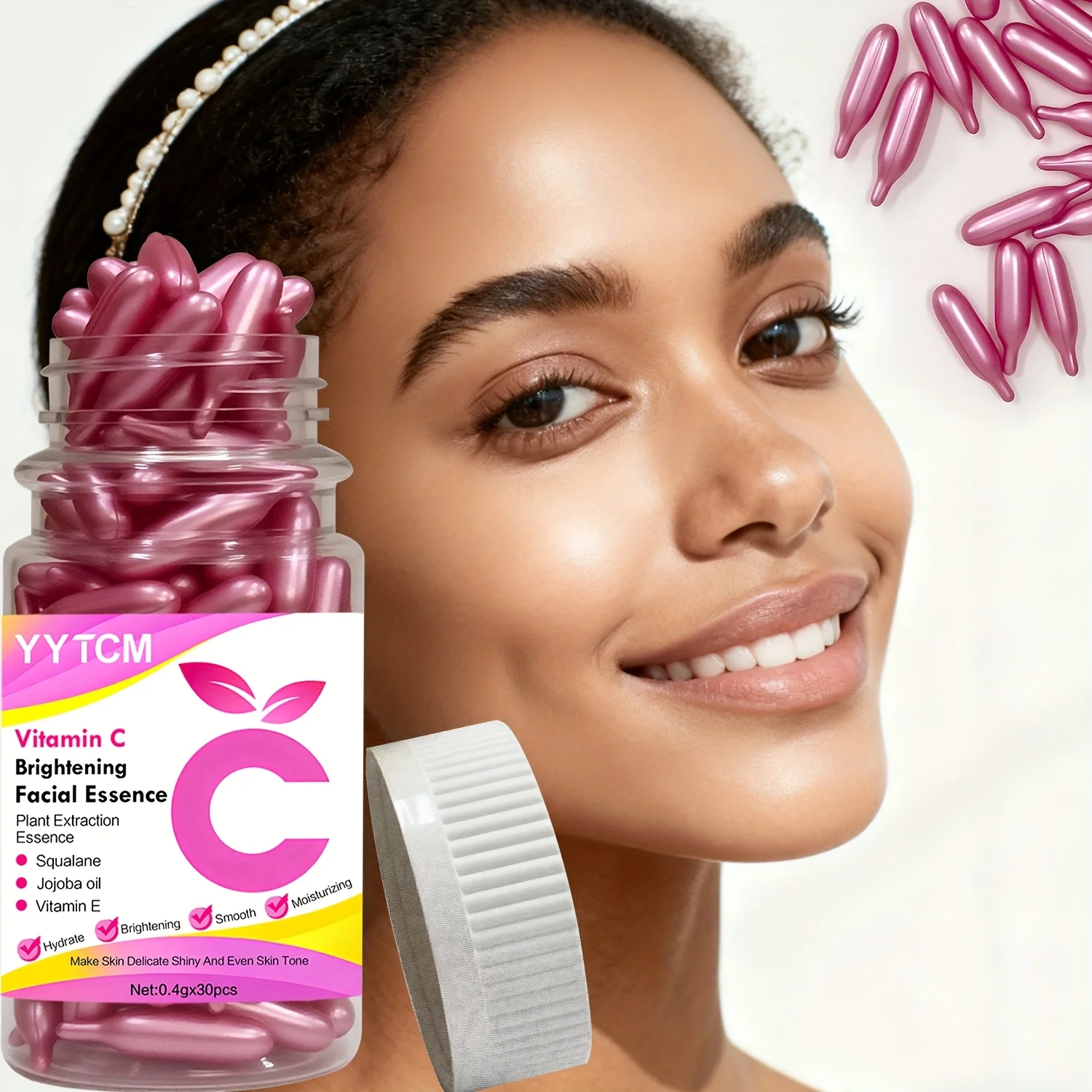 Essência de cápsula hidratante para pele iluminadora de vitamina C, hidrata e suaviza a pele, contém squalano à base de plantas, vitamina E, óleo de m