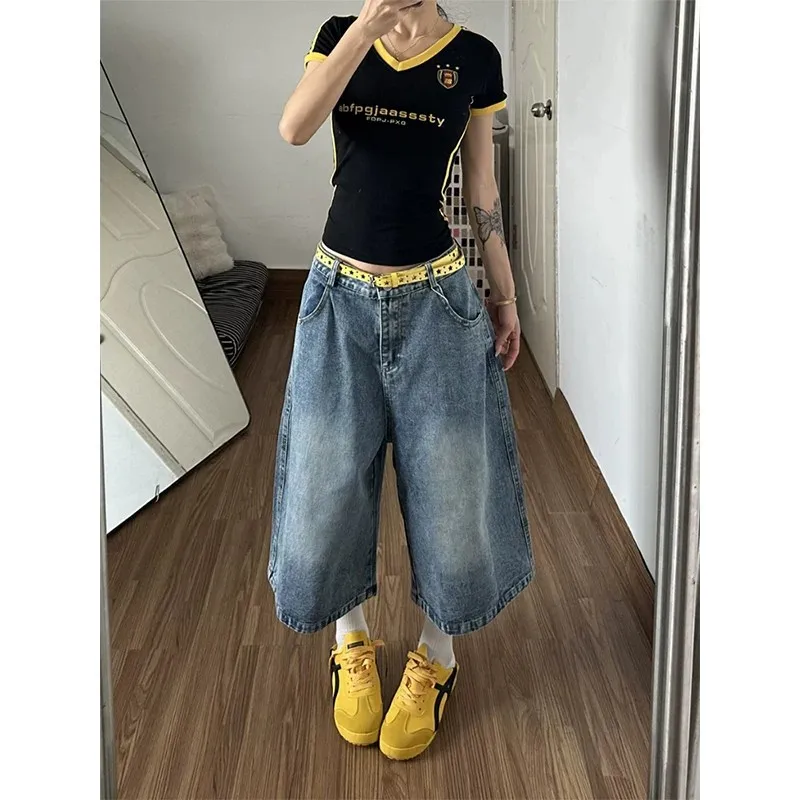 Women American Loose Washed Embroidered Denim Bermuda Shorts 2026 New High Rise Straight Wide Leg Seven-point Jeans Pants