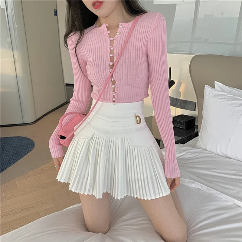 White Pleated Skirts Sexy Casual Slim College Women High Waist Mini Metal Letter D A-Line Clubwear Korean Fashion Style