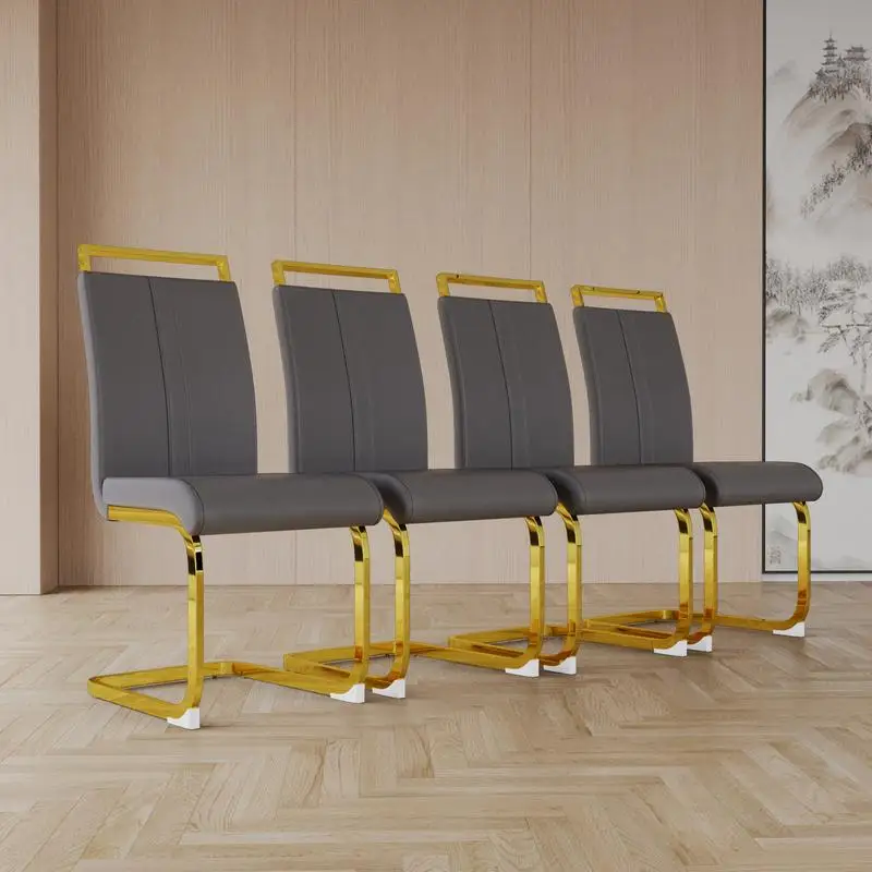 Modern High Back PU Faux Leather Dining Chairs with C-Shaped Tube, Gold Plated Metal Legs, Set of 4 for Kitchen, Office, and