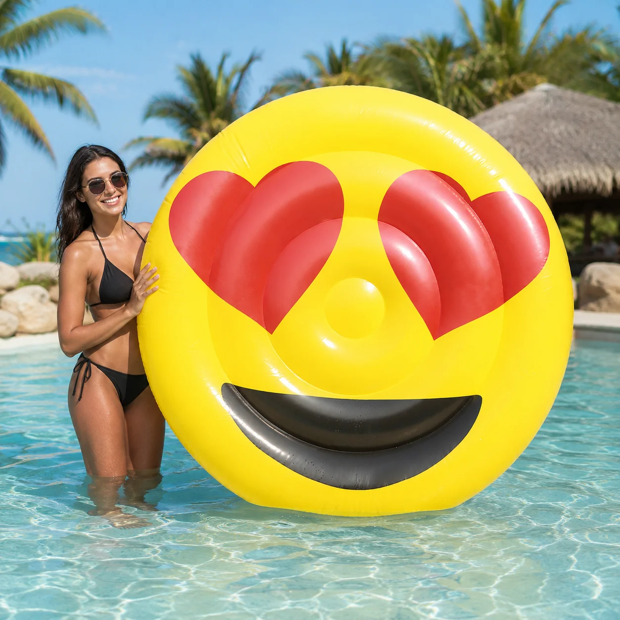 

1pc Giant Emoji Inflatable Pool Float Heart Eyes Sunglasses Laugh Tears Swim Ring Oversized Pool Raft Mattress Summer Water Toy