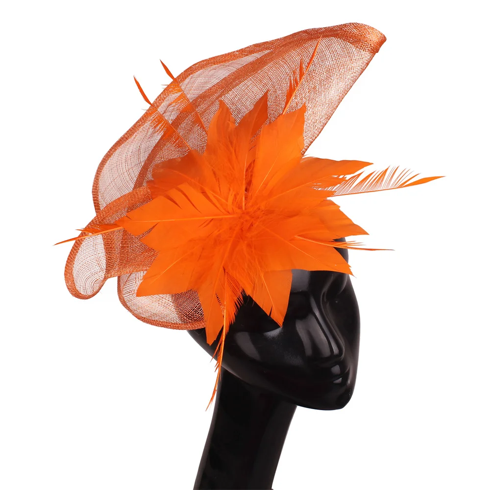 

Beautiful Orange Feather Flower Fascinator Millinery Hats Hair Clips Sinamay Wedding Derby Church Accessories Multiple Colors