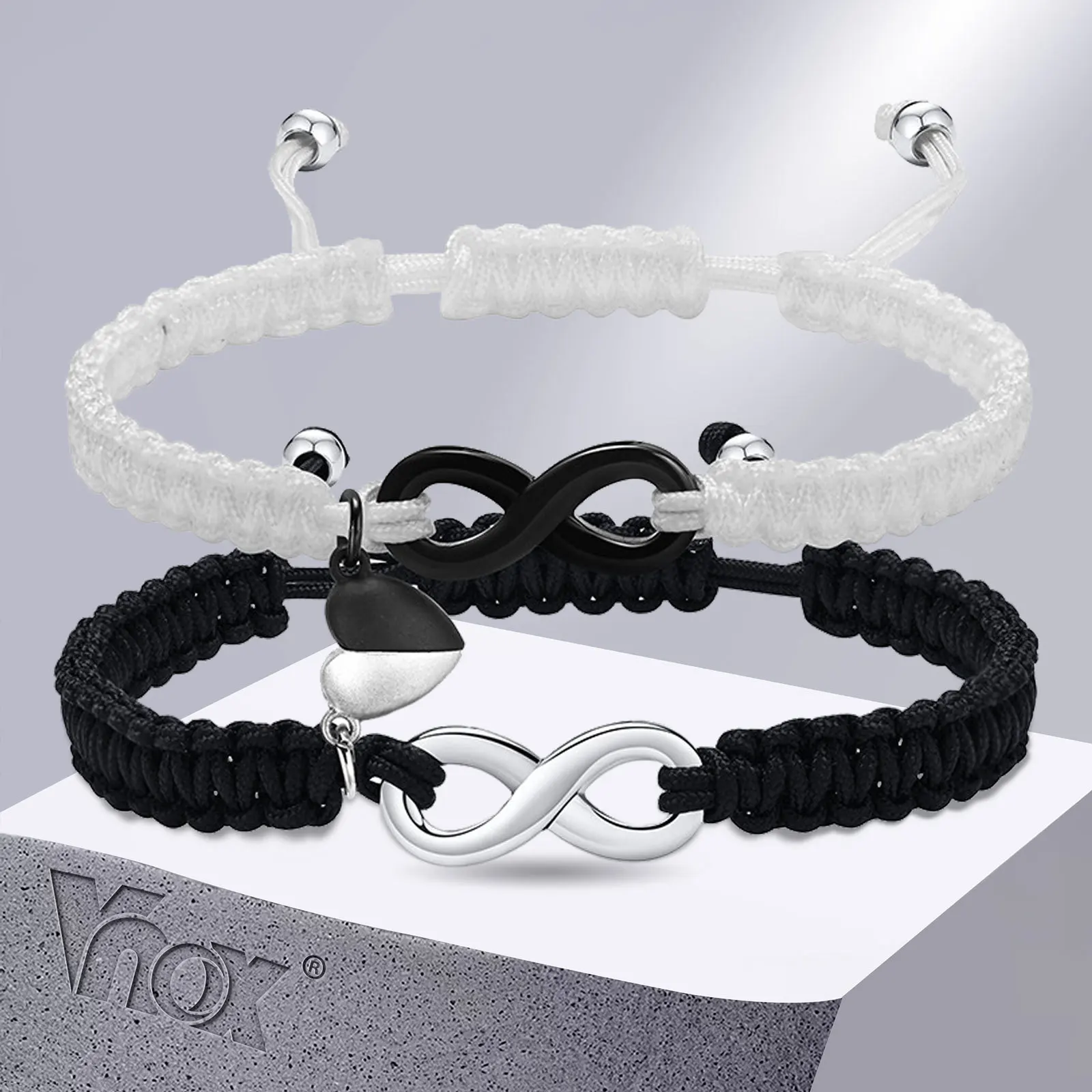 Vnox Attractive Heart Charm Couple Bracelets, White Black Braided Rope Chain with Infinity Charm Bracelet