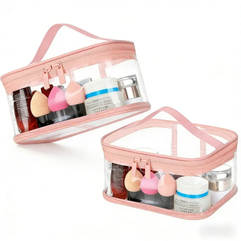 Travel Essential Waterproof Makeup Bag2Packaged Pink and Green Two-tone Large Capacity PortablePVCZipper Storage Magic Tool