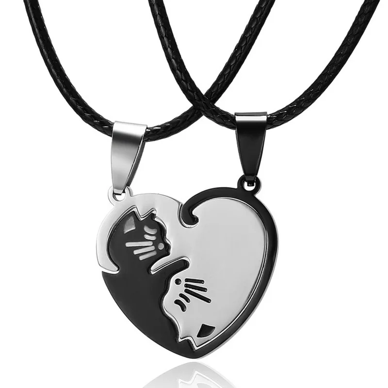 Couples Matching Friendship Necklace for Women Gift Stainless Steel Heart Cat Pendant Best Friends BFF Fashion Jewelry Choker