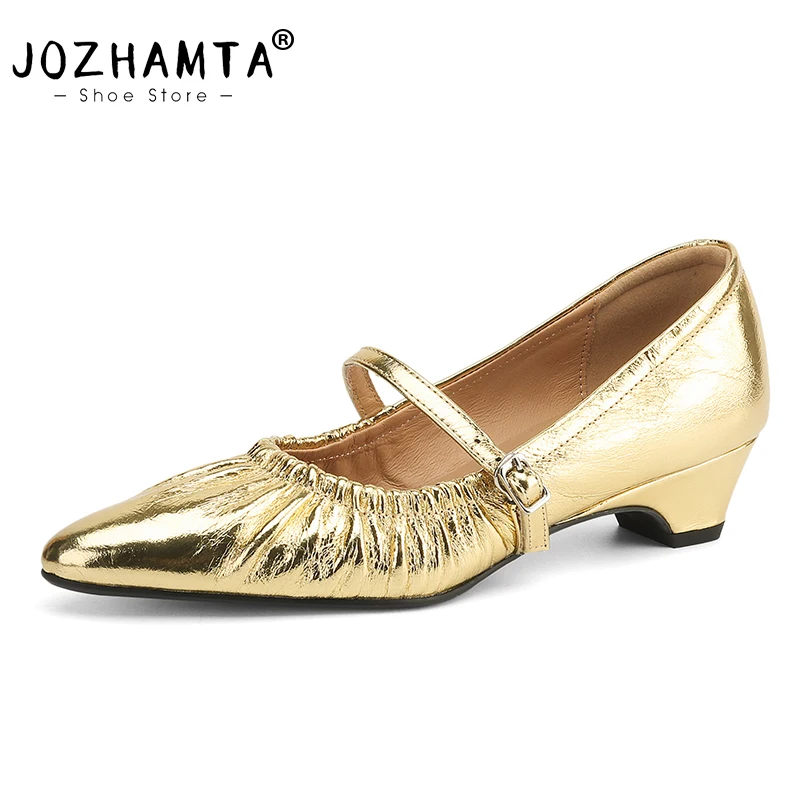 JOZHAMTA Women Sparkly Silver Pumps Real Leather Buckle Strap Sexy Pointy Toe Chunky Heels Shoes Office Daily Dress Size 33-41