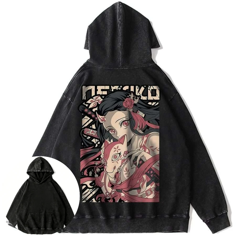 

Men's Loose Fit Vintage Washed Cotton Hoodie Anime Demon Slayer with Character Graphic Hip Hop Streetwear Y2K