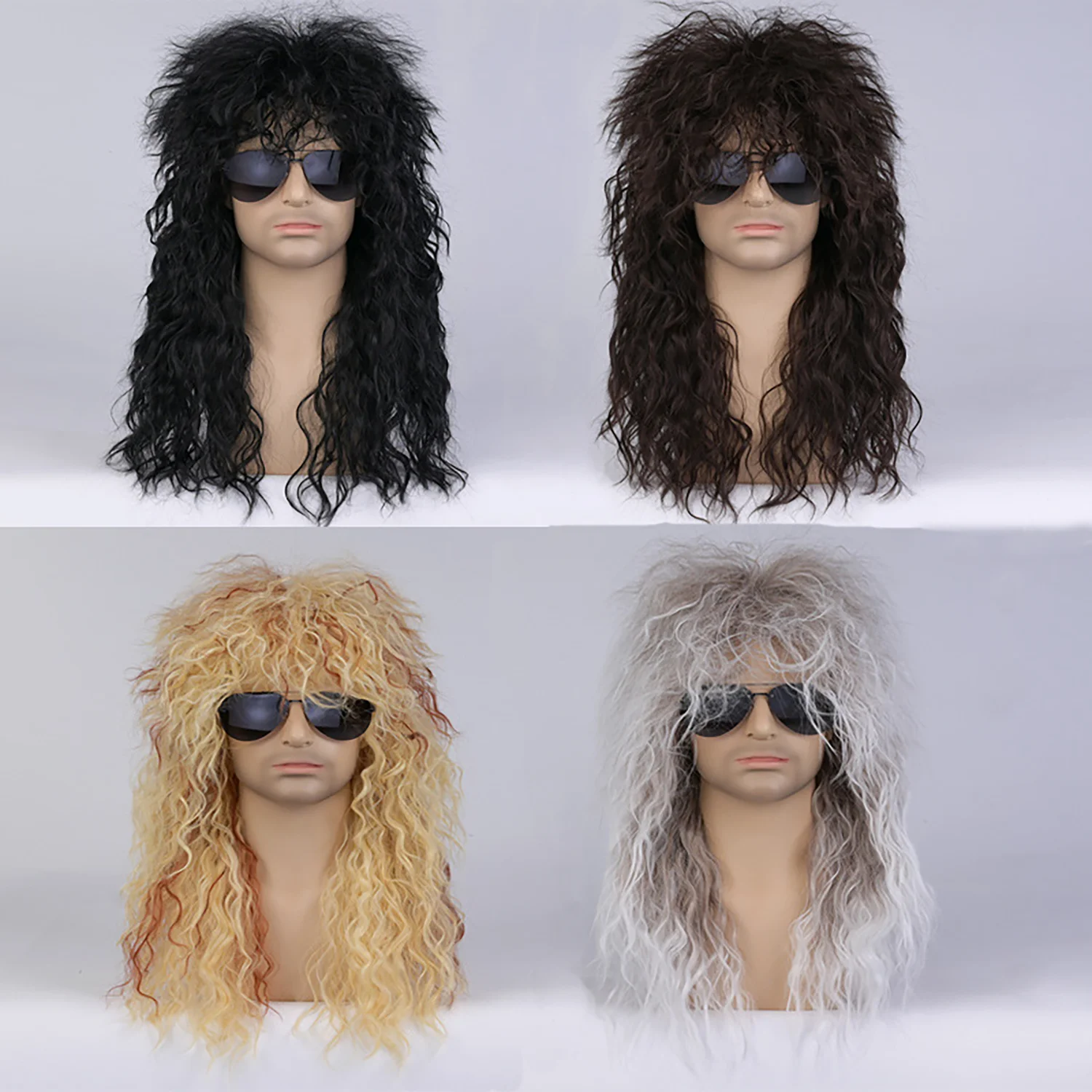 

Men 80s Style Long Black Curly Hair Wig Glam Rock-Rocker Wig Perfect for Halloween Cosplay DIY Themed Costume Party 22inch