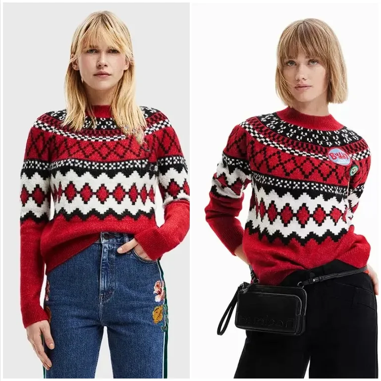 

2025 New Spanish Original Single Women's Knitted Sweater Retro Jacquard Raglan Sleeve Red Autumn/Winter Warm Sweater