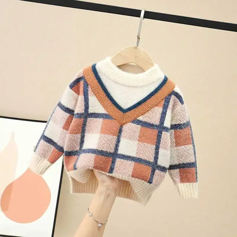 Patchwork xadrez infantil meia gola alta manga comprida pulôver, suéteres fofos de menino, top de roupas infantis, tendência da moda, outono, inverno