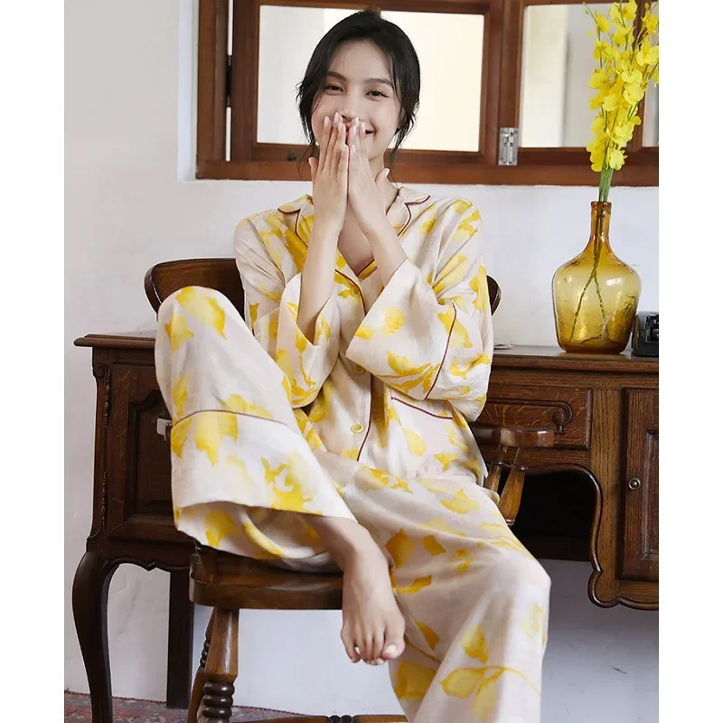 

Satin Women's Pajamas Set Fashion Leaves Print Sleepwear Silk Like Leisure Homewear Nightwear Home Clothes Suit Loungewear