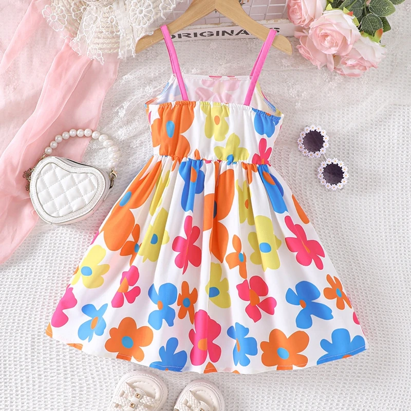 Little Girl Big Bow Dress Floral Print Sleeveless Spaghetti Strap A-Line Dress for Summer