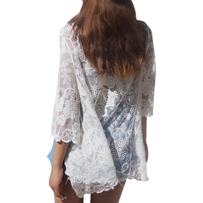 Women Summer Lace Open Front Kimono Cardigan Crochet Floral Leaves Pattern Sheer Mesh Swimsuit Cover Up See Through Beach Blouse