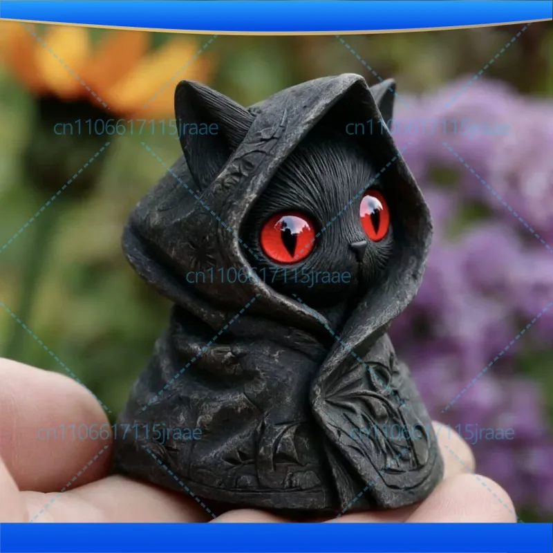 Gothic Black Cat Statue With Cloak, Simulation Kitten Animal Figurine for Halloween Gift Home Decoration