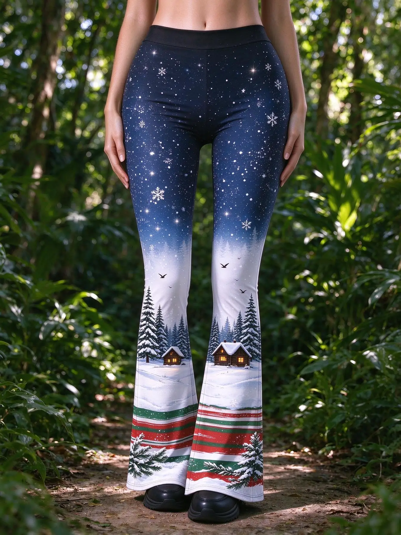 Women Mid Waist Skinny Flare Pants Gradient Night Sky Snow Cabin Pine Tree Stripe Print Stretch Bell Bottom Trousers