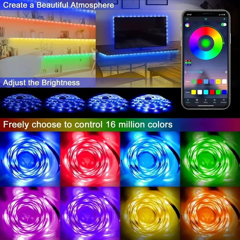 USB 2835 RGB LED Strip Bluetooth & Remote Control, 44 Modes Music Sync Millions Gradient Colors Dimmable Bedroom Festival Decor