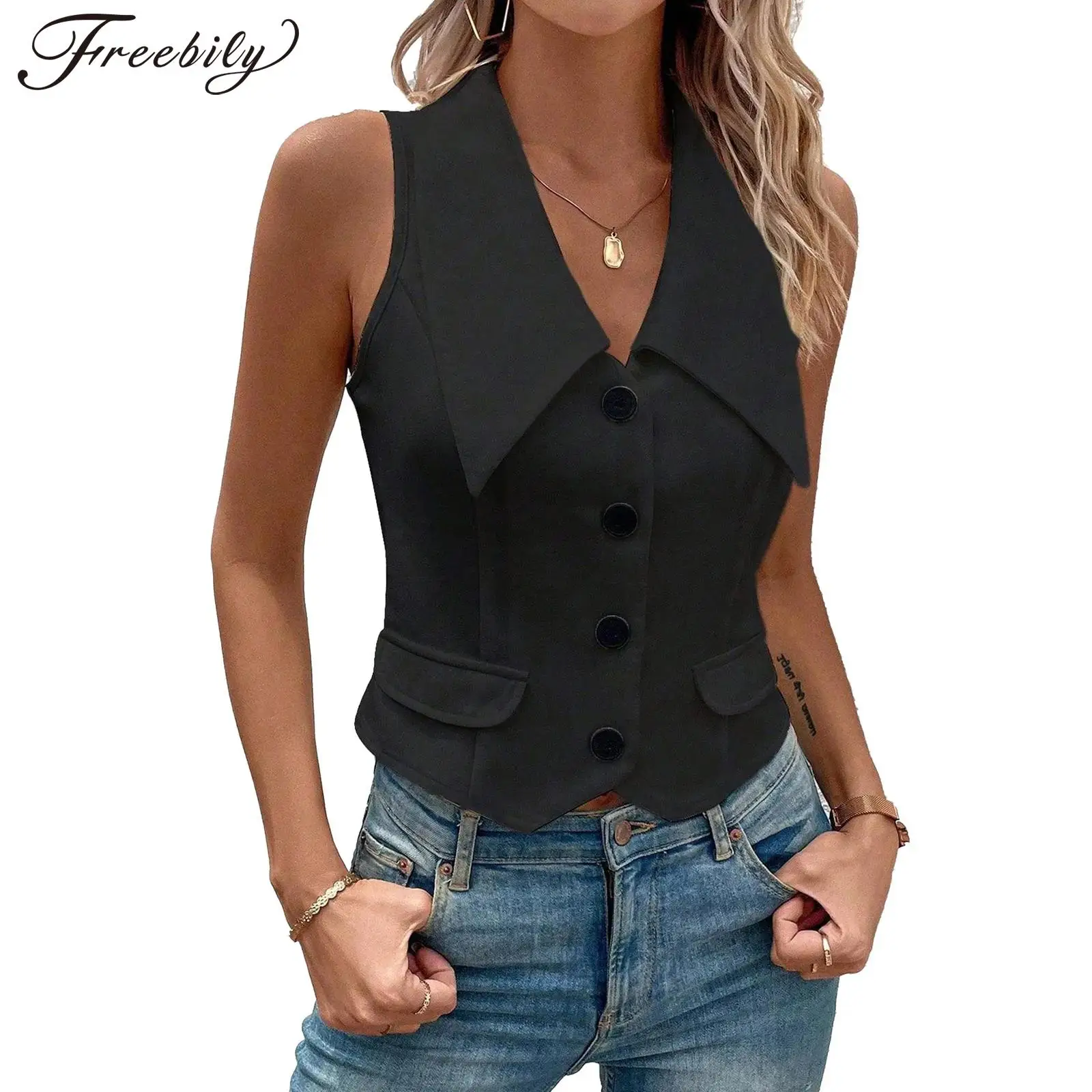 

Women Fashion Casual Vest Solid Color Lapel Slim Fit Tank Top for Office Work Daily Party Nightclub Bar Music Festival Street