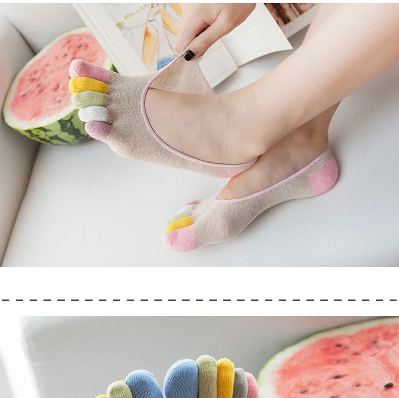 5 Paar bunte Fünf-Zehen-Socken für Damen, unsichtbare, atmungsaktive, rutschfeste, niedrig geschnittene Bootssocken aus Baumwolle für Schuhe – Detail 8