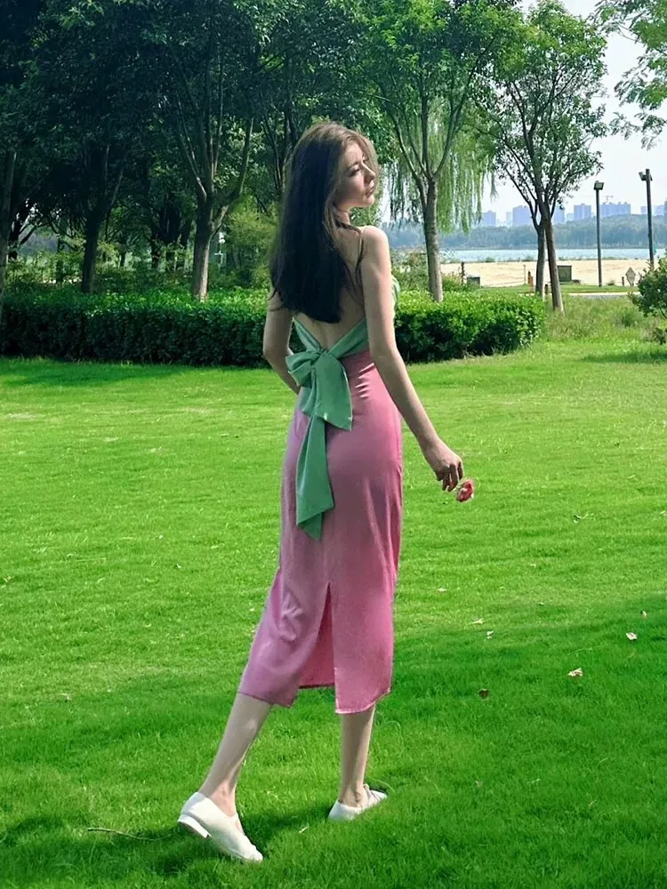 Vintage Sweet Pink Green Patchwork Holiday Party Pleated Dress Woman Elegancka sukienka bez rękawów z wysokim stanem Boho Dress