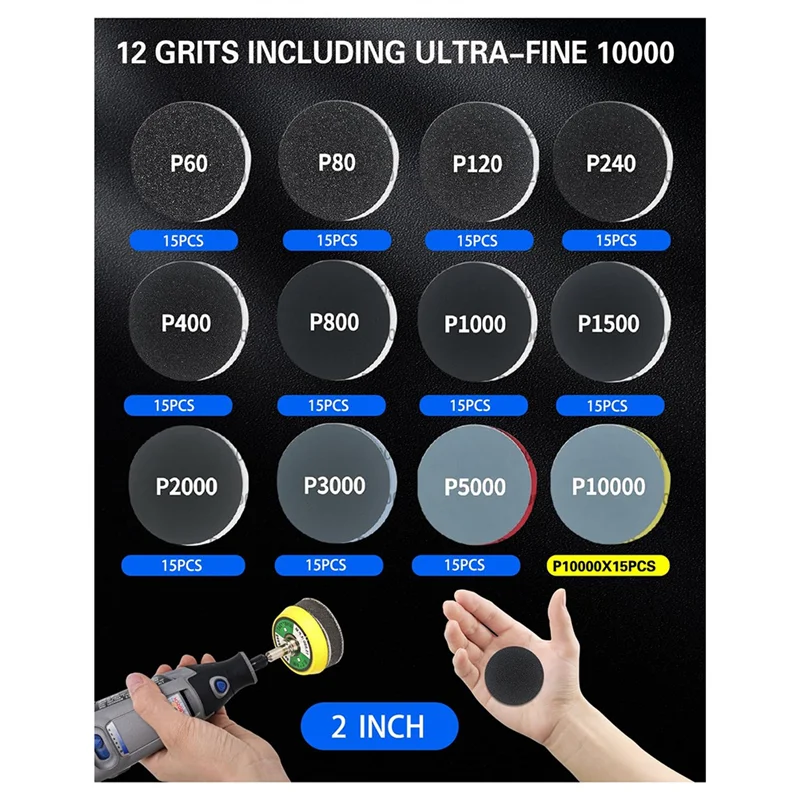 

A23P 2 Inch Sanding Discs Drill Polishing Kit, 193PCS Car Headlight Restoration Kit, Hook & Loop Wet Dry Buffing Pads