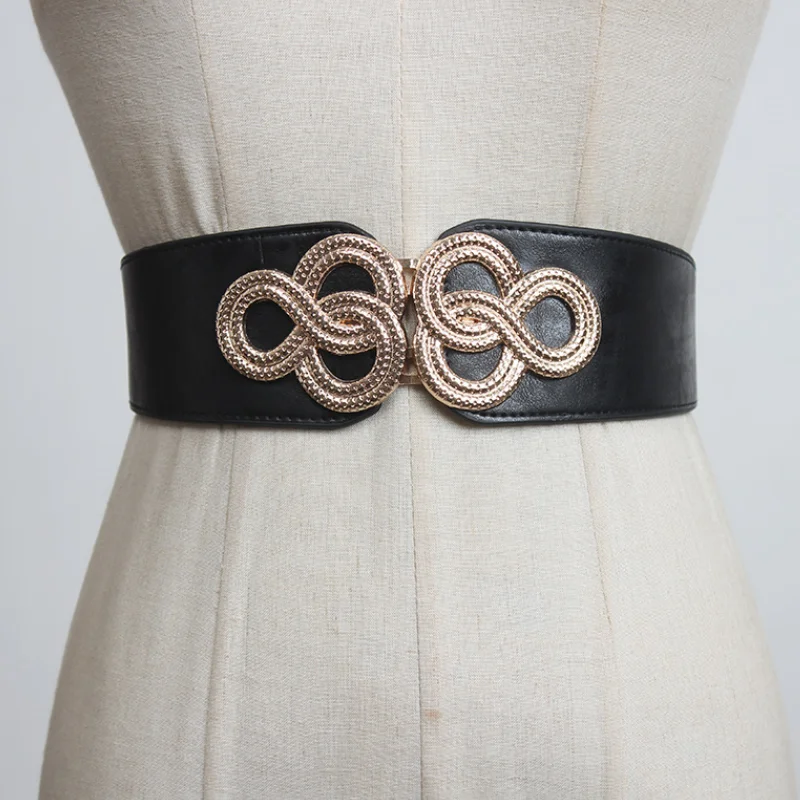 دوامة الذهب اللون مشبك أحزمة الخصر لسيدة الصينية عقدة تصميم Cummerbunds الأسود مطاطا بو الجلود الخصر ختم الهدايا #1