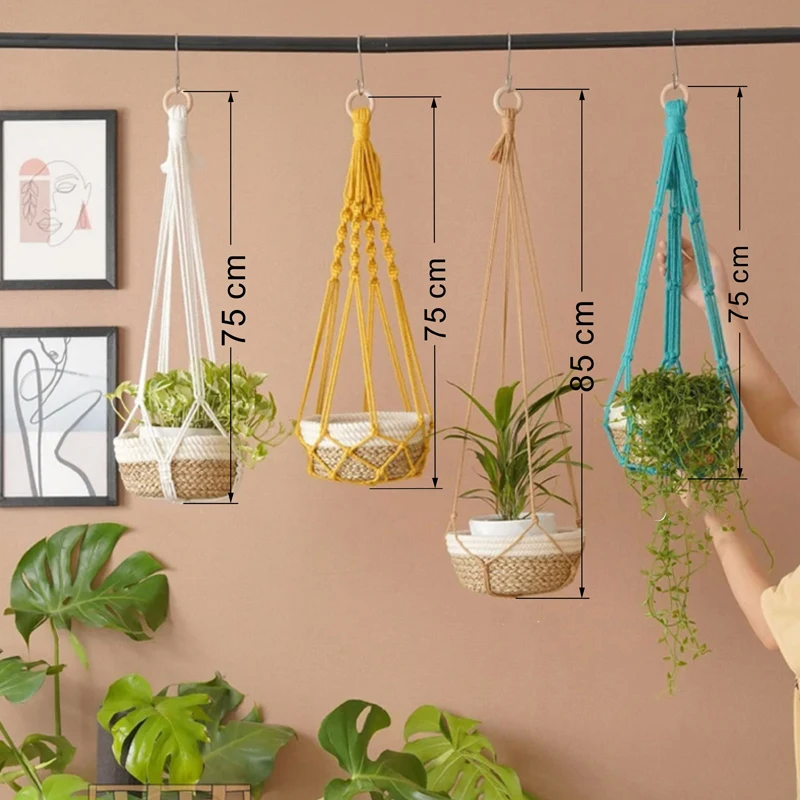 Colorido Boho Macramé Planta Titular, Mão Tecida, 100% Algodão, Cabide, Cesta Pendurada para Plantas de Interior, Bonsai Home Decor