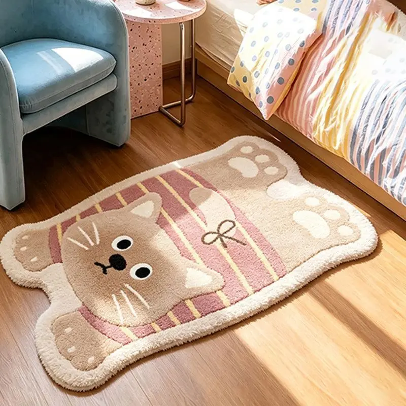 VIKAMA Lying Cat Pink Striped Bow Bath Mat Warm Insulating Non Slip Bedroom Modern Farmhouse Christmas Holiday Home Decor