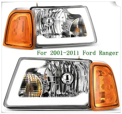 LED DRL Headlights Assembly Compatible For 2001-2011 Ford Ranger Headlamp with Daytime Running Light Chrome Housing Amber