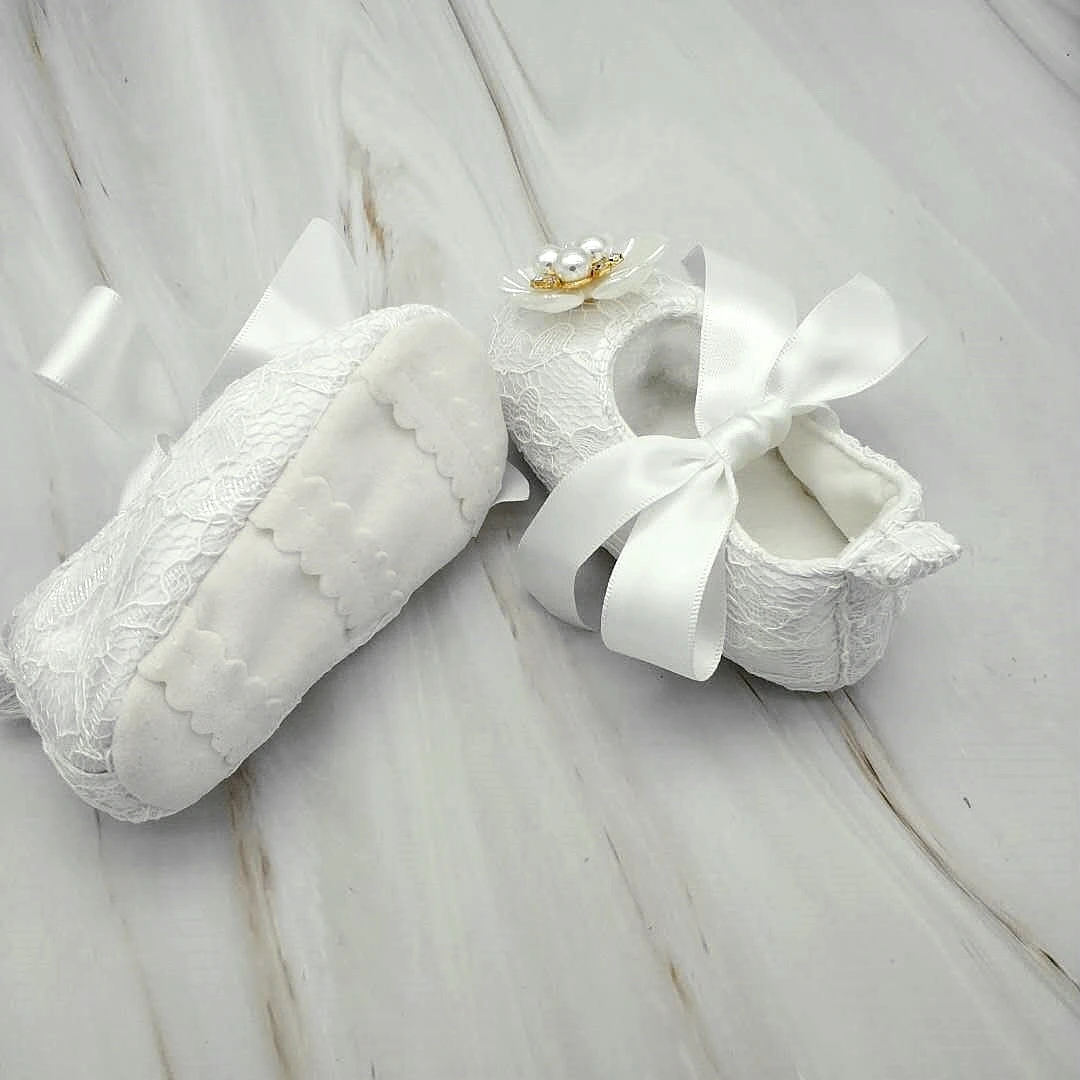 Dollbling Baptism Pearls RIbbon Baby Girl Shoes Christening White Flower Handmade Newborn Princess Infant Wedding Anti-Slip Crib