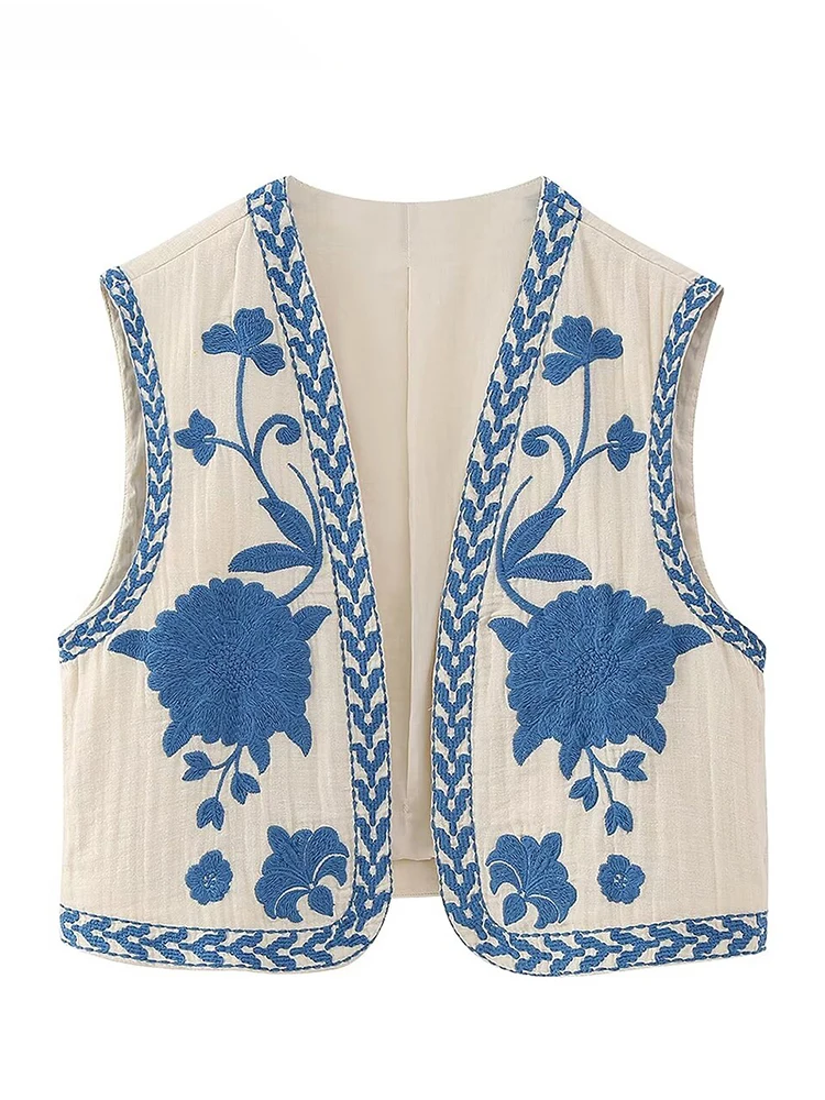 HH سترة نسائية عتيقة مطرزة بالزهور 2024 كاجوال بدون أكمام سترة بوهو مقصوصة صدرية ملابس خارجية فضفاضة #5