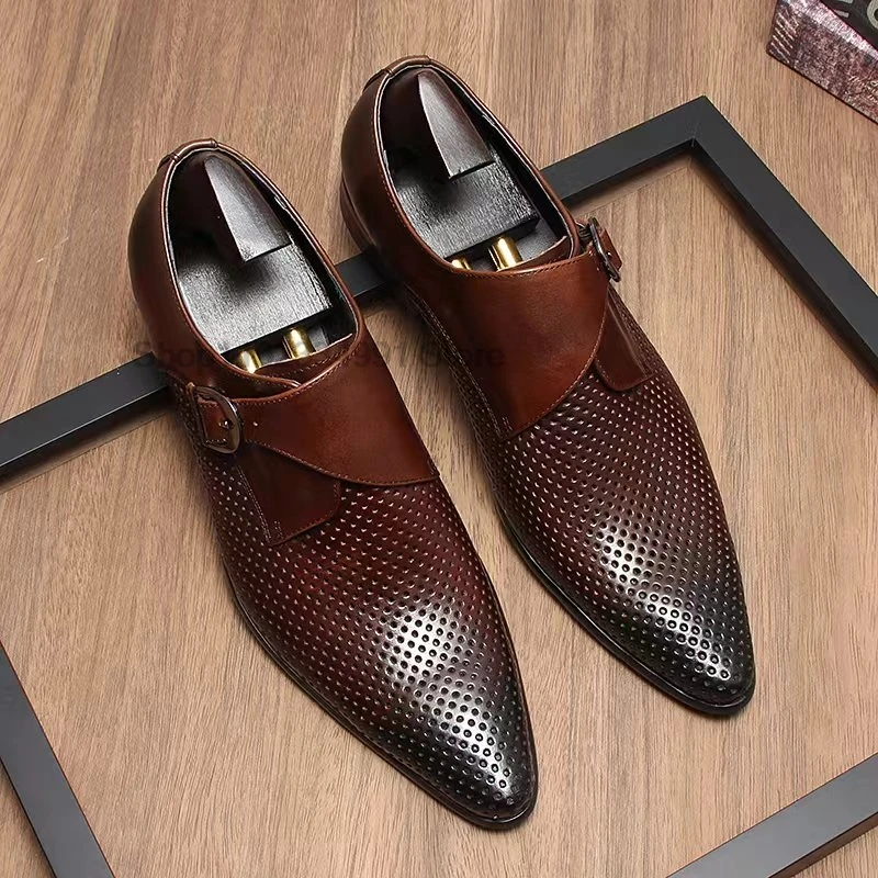 HNXC Men Genuine Leather Shoes Black Coffee Monk Strap Loafers Slip On Luxury Brand Casual Dress Wedding Office Shoes For Men