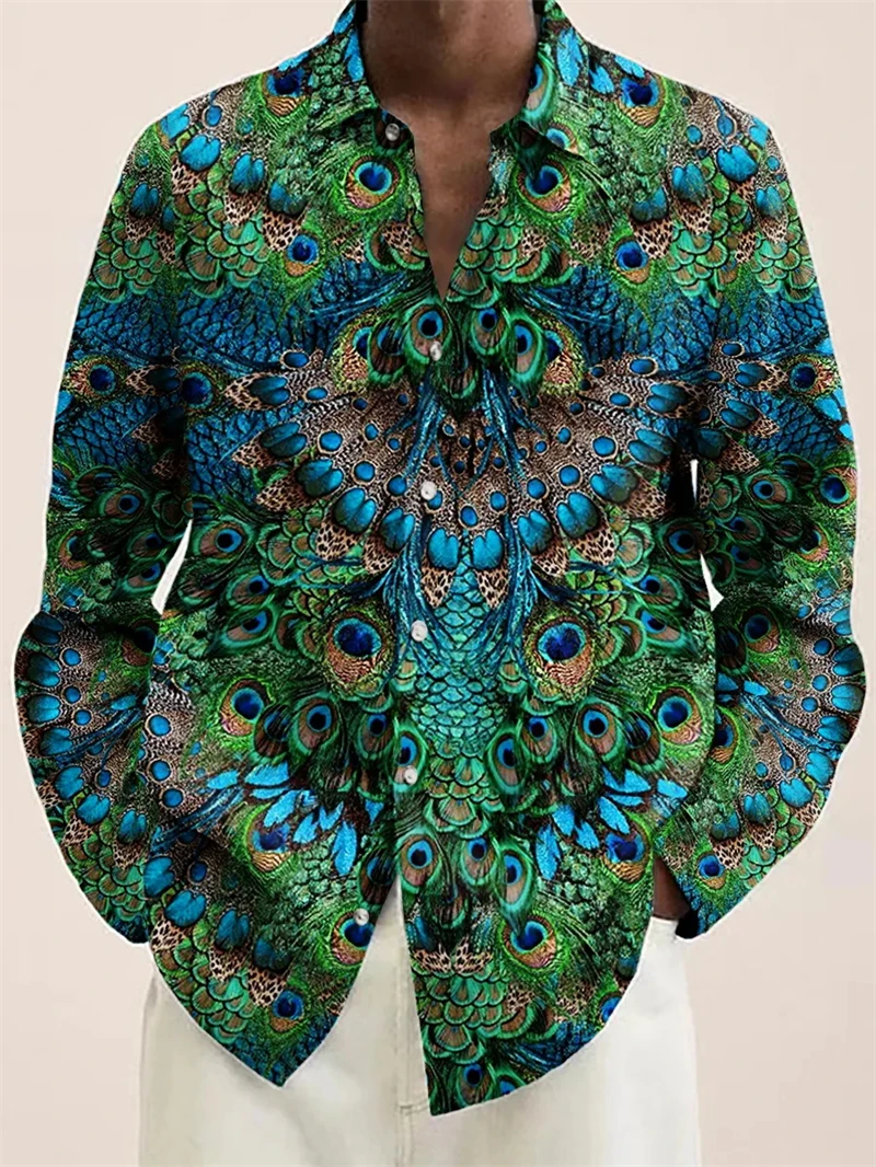 Men's Shirts 3d Peacock Feather Printed Long Sleeve Shirt Fashion Design Luxury Long Sleeve Top Mens Oversize Button Lapel Shirt