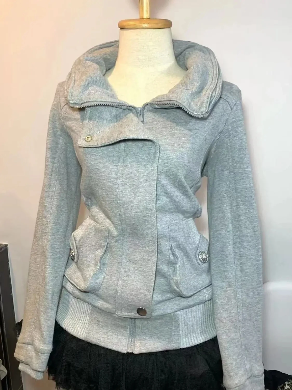 Retro grijs sweatshirt voor dames Vintage high-end mode hoodie sweatshirt lente herfst dames capuchon 2025, nieuwe damesjas
