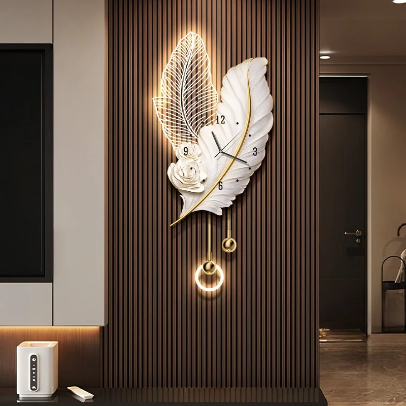 

Luxury Design Feather Wall Clock Living Room LED Digital Clock Corridor Mural Lamp Villa Mute Quartz Clock Watch Room Decoration