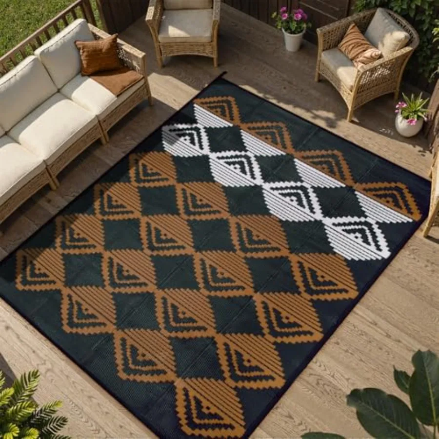 

Waterproof Outdoor Patio Rug 9x12, Reversible Polypropylene Rug for Patios Decks Camping RVs Beach Picnic Black/Brown, 9' x 12'